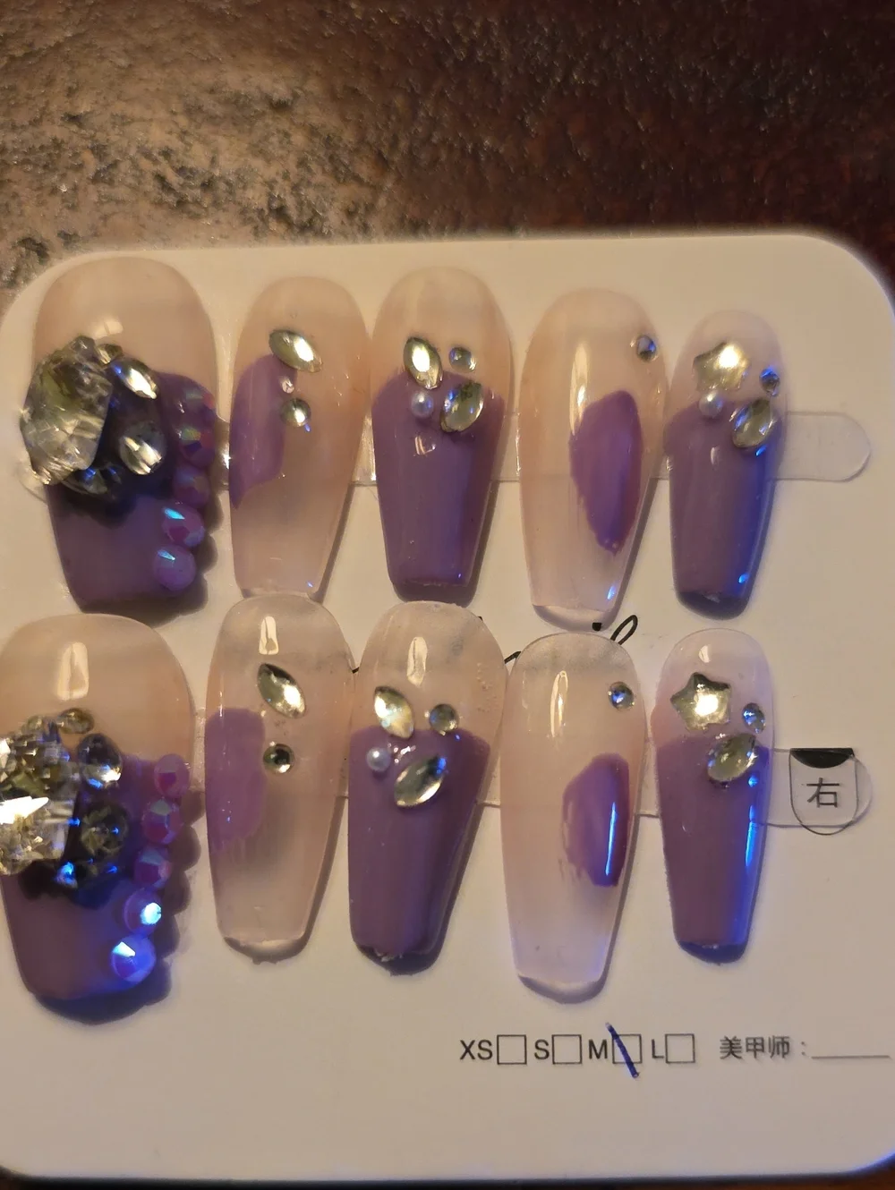 Purple Rhinestone Press-On Nail Set by Size Med